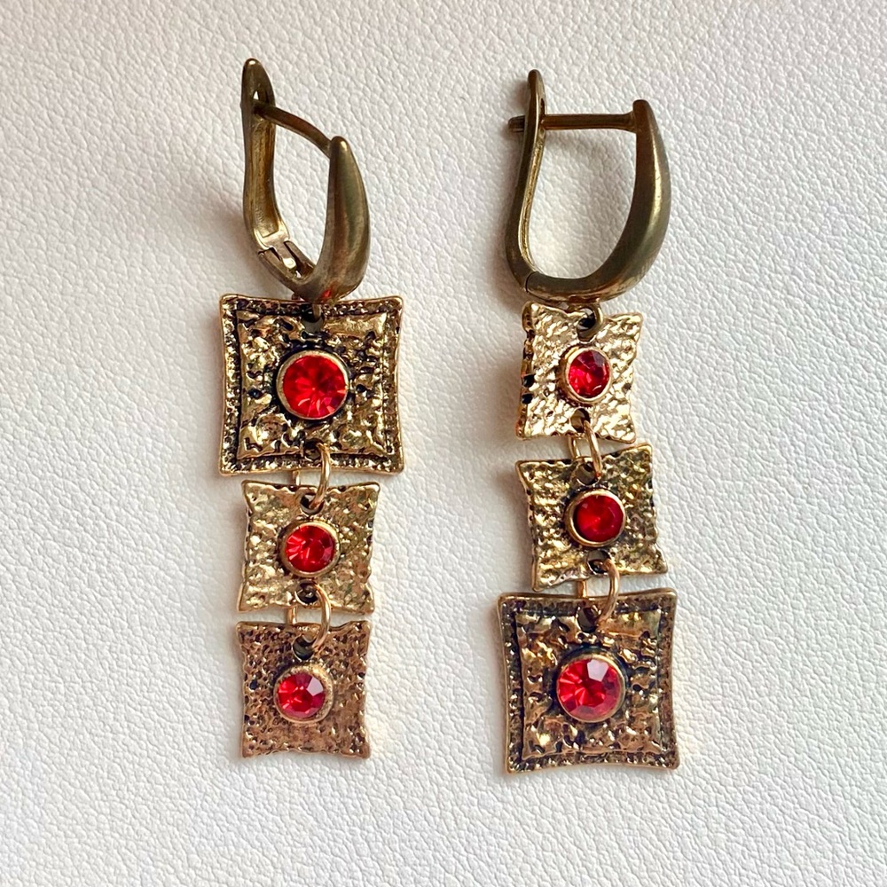 Red and gold square earrings with rhinestones